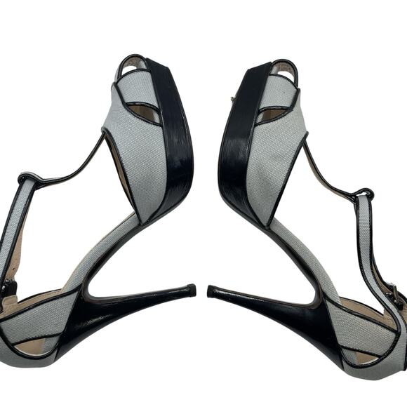 Alberta Ferretti Size 6.5 Patent Leather Canvas High Heels Black Gray Stilettos - Picture 4 of 9